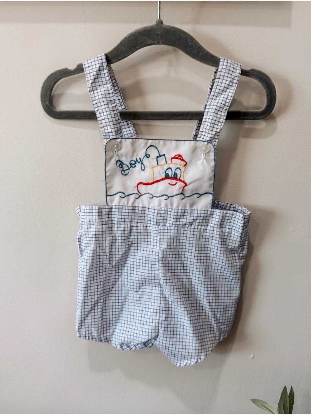 Vintage Embroidered Tugboat Baby Overalls - Blue Check 0-6m